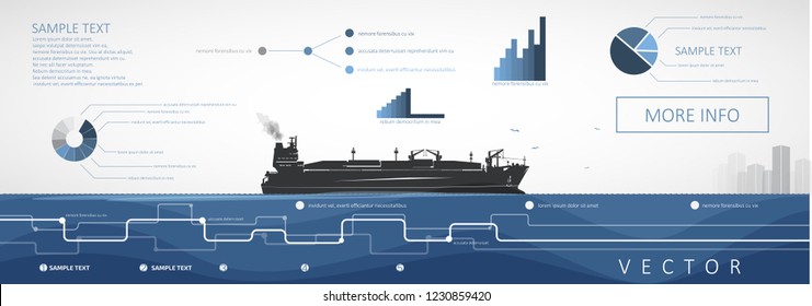 LNG carrier sailing on the sea or ocean, vector infographics.