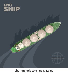LNG carrier in the sea, view from above. Industrial cargo ship for transporting liquefied natural gas worldwide, aerial view. Detailed vector illustration of a deck of a cargo vessel