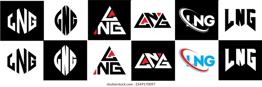 LNG letter logo design in six style. LNG polygon, circle, triangle, hexagon, flat and simple style with black and white color variation letter logo set in one artboard. LNG minimalist and classic logo