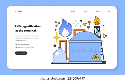 LNG regasification at the terminal web banner or landing page. Liquefied natural gas logistics. Natural resource extraction industry. Fossil fuel and eco-friendly energy. Flat vector illustration