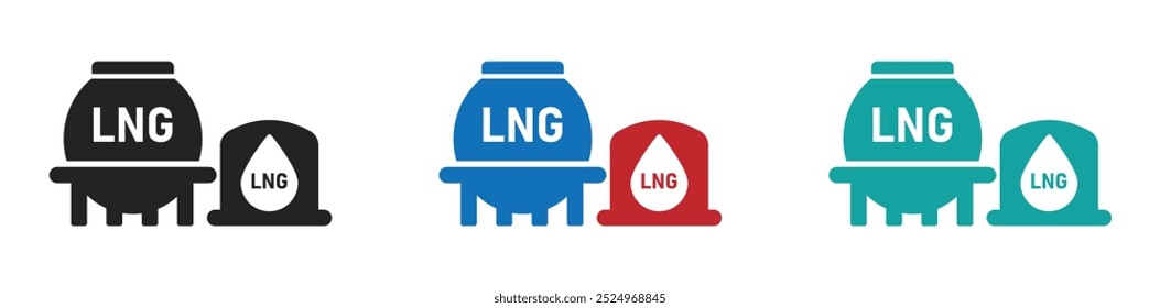 Ilustrações do tanque de GNL e do vetor de armazenamento de GNL. Conjunto de ícones de vetor de glifo terminal de GNL. Ícone LNG