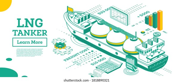 LNG Tanker. Isometric Gas Tanker. Commercial Water Transport. Vector Illustration. Infographic Element Of Logistics System. Shipping Freight Transportation. Logistics And Delivery Concept.