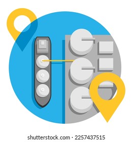 LNG terminal icon or isolated illustration - transportation and distribution of liquefied natural gas Ship, sea port and location pins