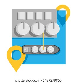 Icono de terminal de GNL o ilustración cuadrada aislada - transporte y distribución de gas natural licuado Barco, puerto marítimo y clavijas de ubicación