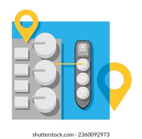 Icono cuadrado del terminal de GNL o ilustración aislada - transporte y distribución de gas natural licuado Barco, puerto marítimo y pines de localización