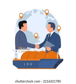 Concepto de comercio de GNL mediante buques portadores de gas. Ilustración vectorial.