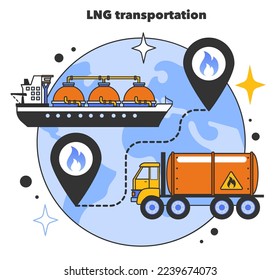 LNG transportation. Liquefied natural gas logistics. Natural resource extraction industry. Fossil fuel and eco-friendly energy concept. Flat vector illustration
