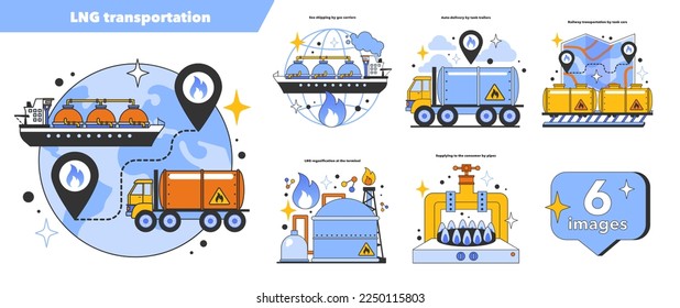 Equipo de transporte de GNL. Logística de gas natural licuado. Industria de extracción de recursos naturales. Combustible fósil y concepto de energía respetuoso con el medio ambiente. Ilustración vectorial plana