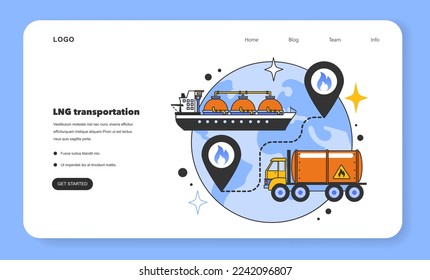 LNG transportation web banner or landing page. Liquefied natural gas logistics. Natural resource extraction industry. Fossil fuel and eco-friendly energy concept. Flat vector illustration