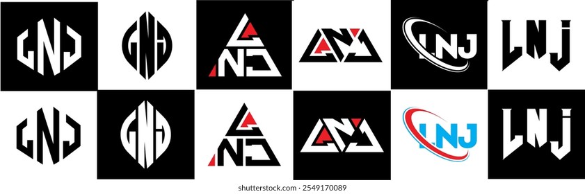 LNJ letter logo design in six style. LNJ polygon, circle, triangle, hexagon, flat and simple style with black and white color variation letter logo set in one artboard. LNJ minimalist and classic logo