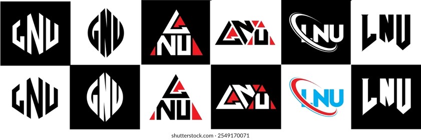 LNU letter logo design in six style. LNU polygon, circle, triangle, hexagon, flat and simple style with black and white color variation letter logo set in one artboard. LNU minimalist and classic logo