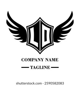 LO bold shield logo with wings, customizable with letters A to Z. Perfect for brands seeking a powerful symbol of strength, freedom, and ambition