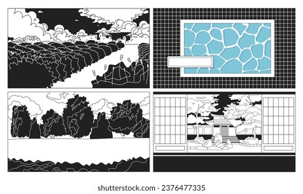 Lo fi design bw cute kawaii lo fi backgrounds set. Park, swimming pool monochromatic 2D vector cartoon landscape illustrations, lofi aesthetic wallpapers desktop. Japanese anime scenery, dreamy vibes