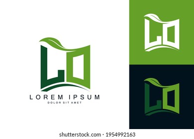 LO logo monogram with green leaf nature organic bio curved shape premium vector design template