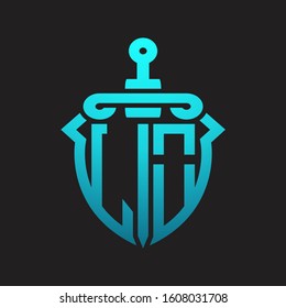 LO Logo monogram with sword and shield combination isolated blue colors gradient