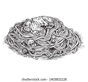 Lo mein with vegetables sketch, mushrooms.Chicken Chow Mein.Asia noodles.Chinese cuisine illustration.Illustration for menus, recipes and packages product. 