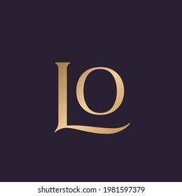 LO monogram logo.Typographic signature icon.Serif letter l and letter o.Lettering sign isolated on dark background.Uppercase wedding alphabet initials.Elegant, luxury style.Gold metal color.