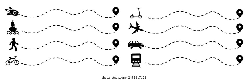  Loaction route icons set.Car,Ship,Train,Person,Bike,
Scooter,Airplane,Rocket  route icon. Travel icon. Vector