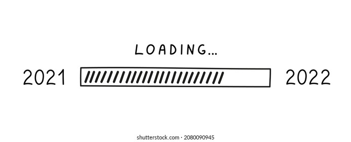 Barra de carga 2022 año nuevo en estilo doodle, ilustración vectorial. Símbolo de carga dibujado a mano, elemento aislado negro sobre un fondo blanco. Barra de progreso de esbozo para el diseño ui