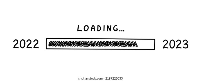Barra de carga 2023 año nuevo en estilo doodle, ilustración vectorial. Símbolo de carga dibujado a mano, elemento aislado negro sobre un fondo blanco. Barra de progreso de esbozo para el diseño ui