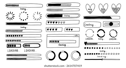 Load bar icon doodle set. Hand drawn loading ui bar. Sketch vector illustration