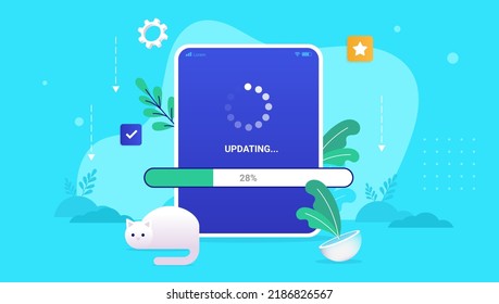 Carga la barra y la rueda de carga en el dispositivo tablet mientras espera la actualización del sistema y el software. Ilustración del vector