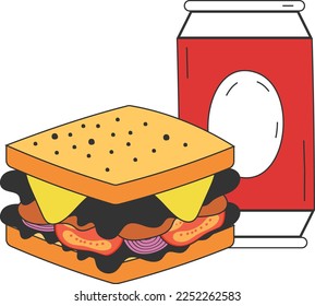 load bread for breakfast vector icon design, Fast Food symbol, Junk food sign, popular inexpensive good taste snacks stock illustration, Steak cocktail layered sandwich with soft drink can concept