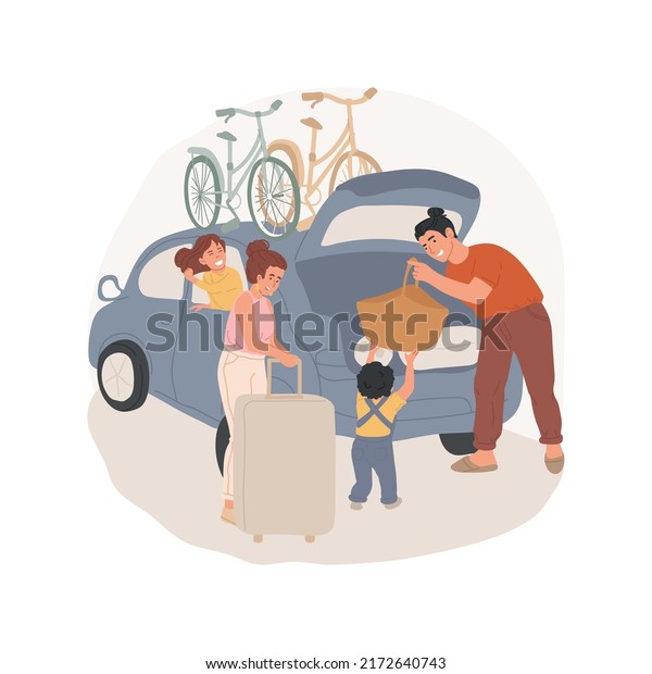 Load\
car isolated cartoon vector illustration. Family members loading\
bags in a car, bikes on the rooftop, go camping together, children\
helping parents, going on holiday vector\
cartoon.