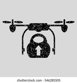 Load Cargo Drone grainy textured icon for overlay watermark stamps. Flat symbol with dirty texture. Dotted vector black ink rubber seal stamp with grunge design on a light gray background.