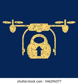 Load Cargo Drone grainy textured icon for overlay watermark stamps. Flat symbol with scratched texture. Dotted vector yellow ink rubber seal stamp with grunge design on a blue background.