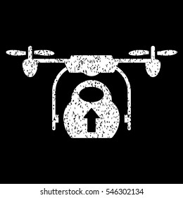 Load Cargo Drone grainy textured icon for overlay watermark stamps. Flat symbol with dust texture. Dotted vector white ink rubber seal stamp with grunge design on a black background.