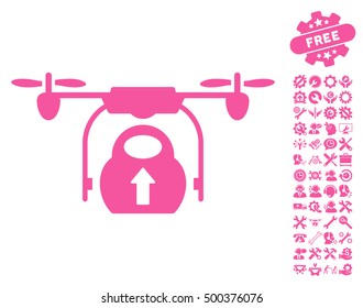 Load Cargo Drone icon with bonus options graphic icons. Vector illustration style is flat iconic symbols, pink color, white background.