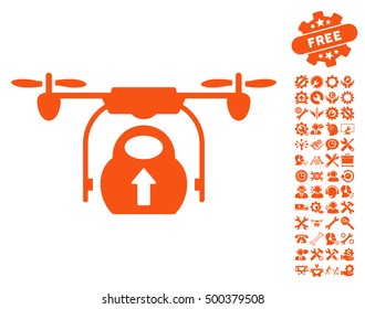 Load Cargo Drone icon with bonus service pictograms. Vector illustration style is flat iconic symbols, orange color, white background.