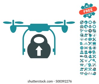 Load Cargo Drone icon with bonus service symbols. Vector illustration style is flat iconic symbols, soft blue colors, white background.