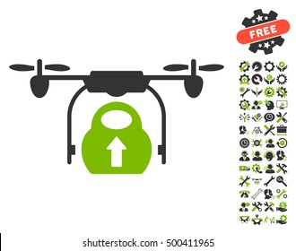 Load Cargo Drone icon with bonus tools pictograph collection. Vector illustration style is flat iconic symbols, eco green and gray colors, white background.