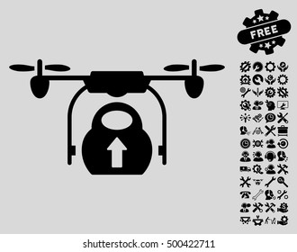 Load Cargo Drone icon with bonus tools symbols. Vector illustration style is flat iconic symbols, black color, light gray background.