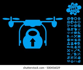 Load Cargo Drone icon with bonus configuration images. Vector illustration style is flat iconic symbols, blue color, black background.