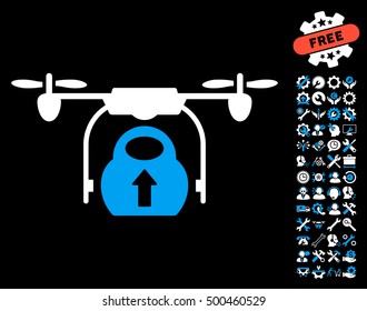 Load Cargo Drone icon with bonus settings clip art. Vector illustration style is flat iconic symbols, blue and white colors, black background.