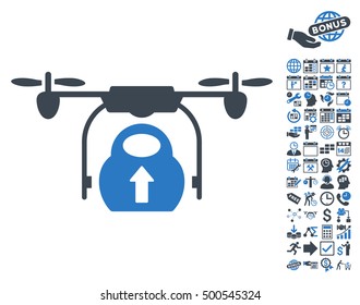 Load Cargo Drone icon with bonus calendar and time management design elements. Vector illustration style is flat iconic symbols, smooth blue colors, white background.
