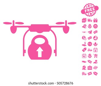 Load Cargo Drone icon with free bonus pictograph collection. Vector illustration style is flat iconic symbols, pink color, white background.