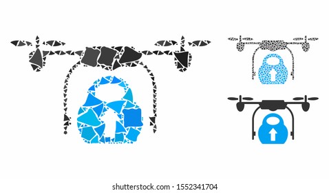 Load cargo drone mosaic of rough elements in different sizes and color hues, based on load cargo drone icon. Vector bumpy pieces are grouped into collage.