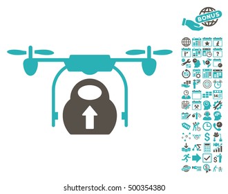 Load Cargo Drone pictograph with bonus calendar and time service pictograms. Vector illustration style is flat iconic symbols, grey and cyan colors, white background.