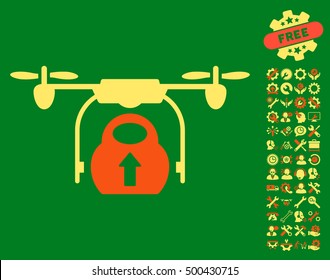Load Cargo Drone pictograph with bonus configuration design elements. Vector illustration style is flat iconic symbols, orange and yellow colors, green background.