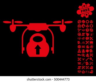 Load Cargo Drone pictograph with bonus options pictograms. Vector illustration style is flat iconic symbols, red color, black background.