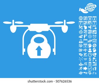 Load Cargo Drone pictograph with bonus calendar and time service images. Vector illustration style is flat iconic symbols, white color, blue background.