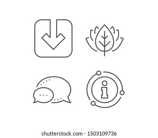 Load document line icon. Chat bubble, info sign elements. Download arrowhead symbol. Direction or pointer sign. Linear load document outline icon. Information bubble. Vector