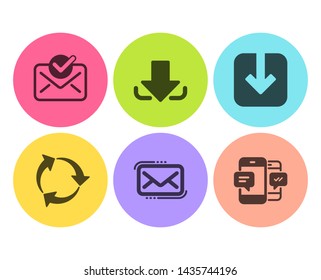 Load document, Messenger mail and Recycle icons simple set. Approved mail, Download and Smartphone sms signs. Download arrowhead, New e-mail. Technology set. Flat load document icon. Circle button