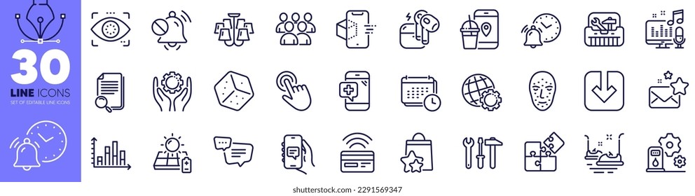 Load document, Puzzle and Chat app line icons pack. Filling station, Spanner tool, Search file web icon. Face biometrics, Loyalty points, Alarm clock pictogram. Solar panel, Text message. Vector
