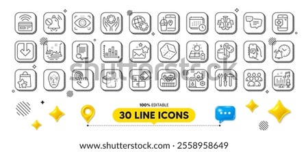 Load document, Puzzle and Chat app line icons pack. 3d design elements. Filling station, Spanner tool, Search file web icon. Face biometrics, Loyalty points, Alarm clock pictogram. Vector