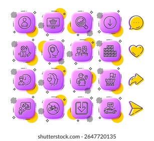 Documentpictogrammen, regelpictogrammen Puzzel en Psychologie laden. App 3d-knoppen. Social media commentaar, delen, zoals iconen. Pakket Avatar, Hart, Werkuren icoon. vector
